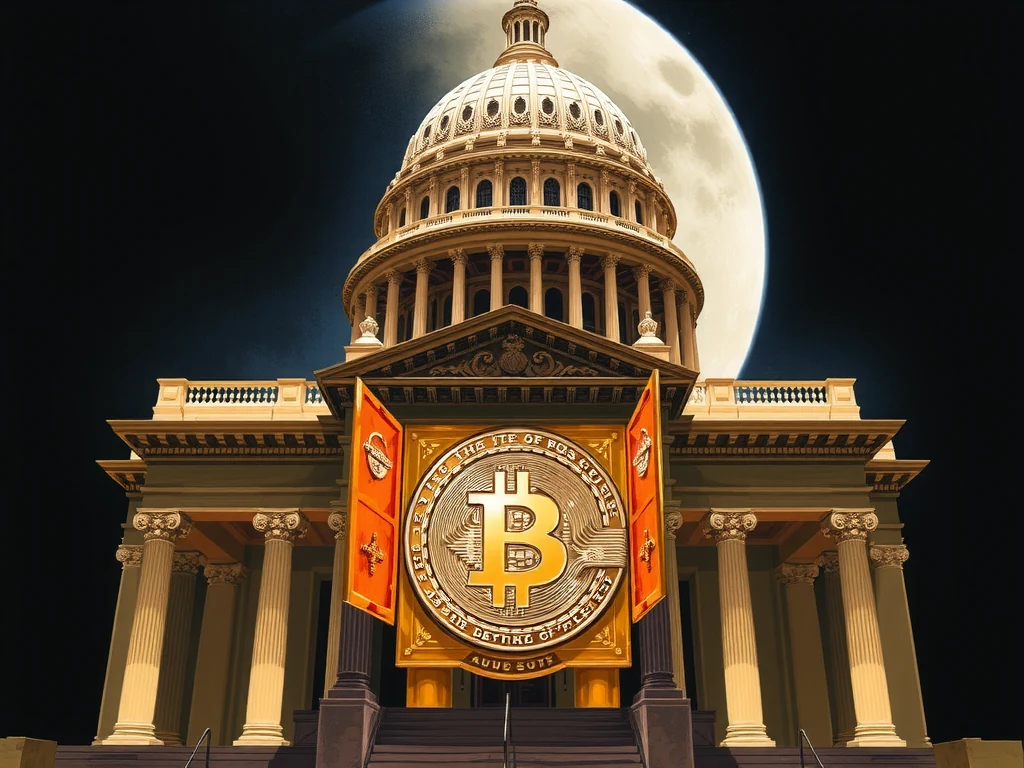 A detailed visualization of a blockchain ledger transforming into a national treasury document