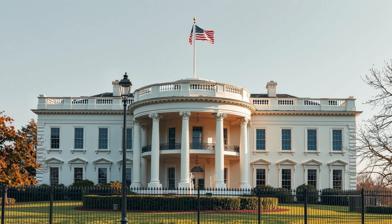 A high-tech, futuristic architectural render of the White House merged with holographic blockchain data streams