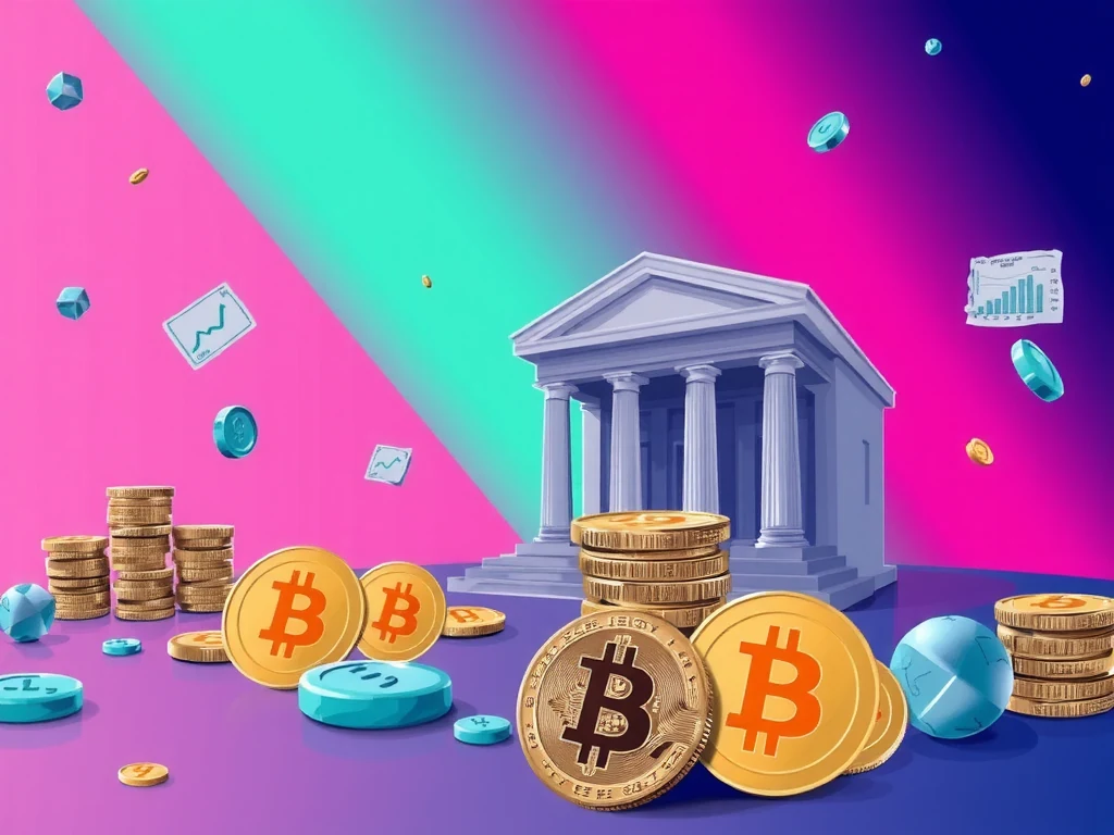 FDIC headquarters with digital Bitcoin symbols