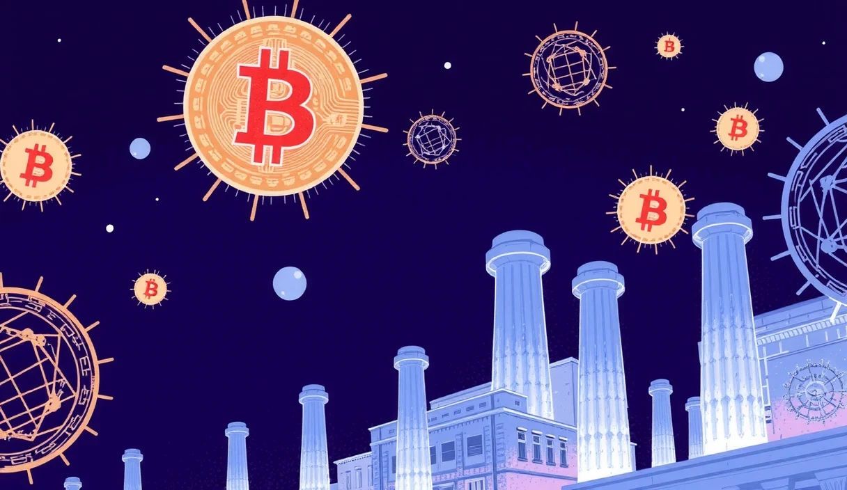 Digital artwork showing a global network of financial surveillance systems with the United States at the center, connected to cryptocurrency exchanges and blockchain networks worldwide