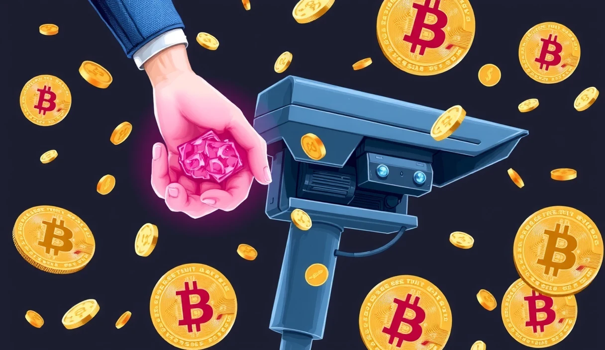 Cyberpunk imagery of a surveillance state with holographic monitoring screens displaying Bitcoin wallet addresses, transaction graphs, and biometric identification data