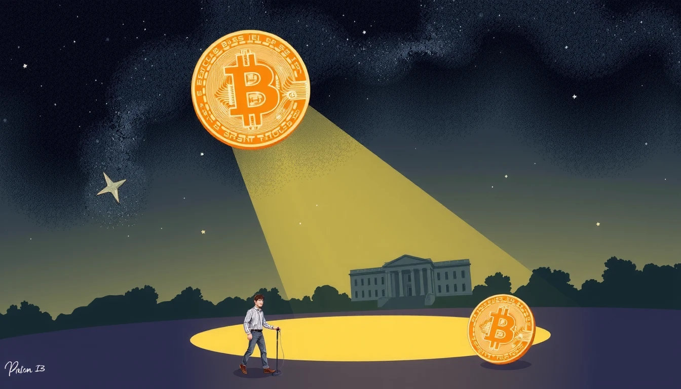 Futuristic editorial illustration of the Texas State Capitol with a glowing Bitcoin symbol, digital data streams, sci-fi cinematic style