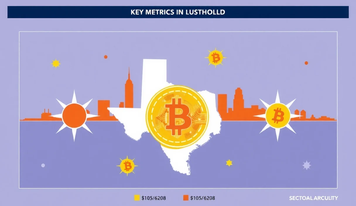 Futuristic editorial illustration of the Texas State Capitol building with a large glowing Bitcoin symbol hovering above it, digital data streams flowing around the building, in a sci-fi cinematic style with dramatic lighting