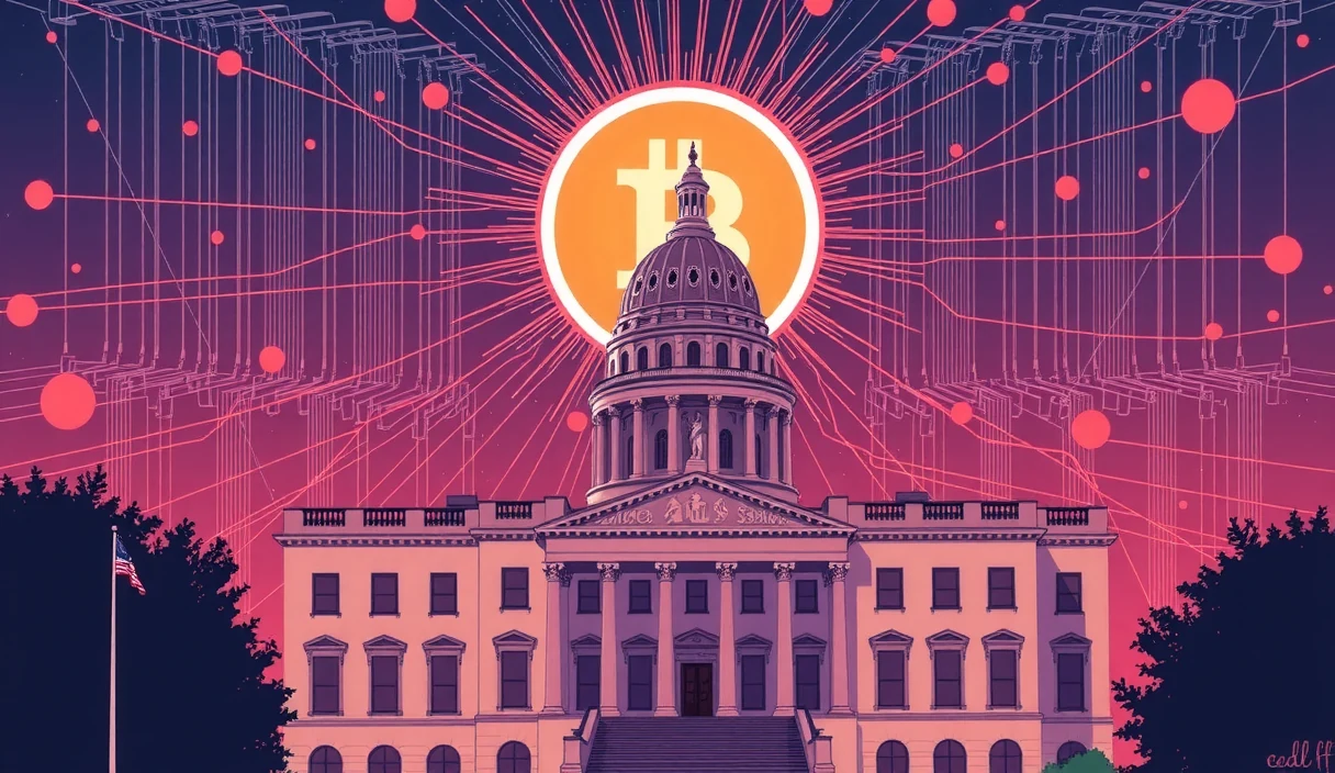 Futuristic map of the United States with Texas highlighted and glowing, other states with smaller Bitcoin symbols appearing, network connections between states, digital frontier aesthetic, cinematic sci-fi style