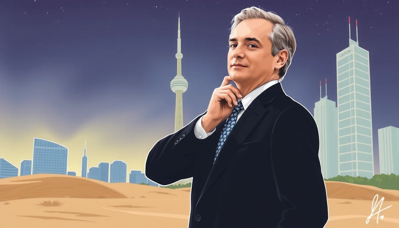 Futuristic illustration of Canadian parliament buildings with a glowing Bitcoin symbol and regulatory documents, OSFI logo, Canadian flag, digital banking grid overlay, cinematic sci-fi editorial style