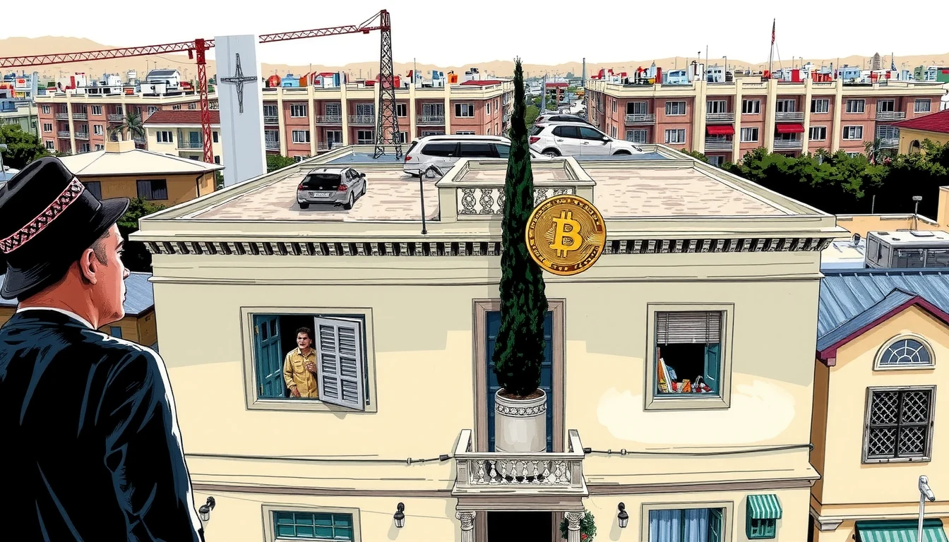 Futuristic editorial illustration of the IMF headquarters in Washington DC with a large Bitcoin symbol floating beside it, diplomatic documents and digital seals, international flags, cinematic sci-fi aesthetic