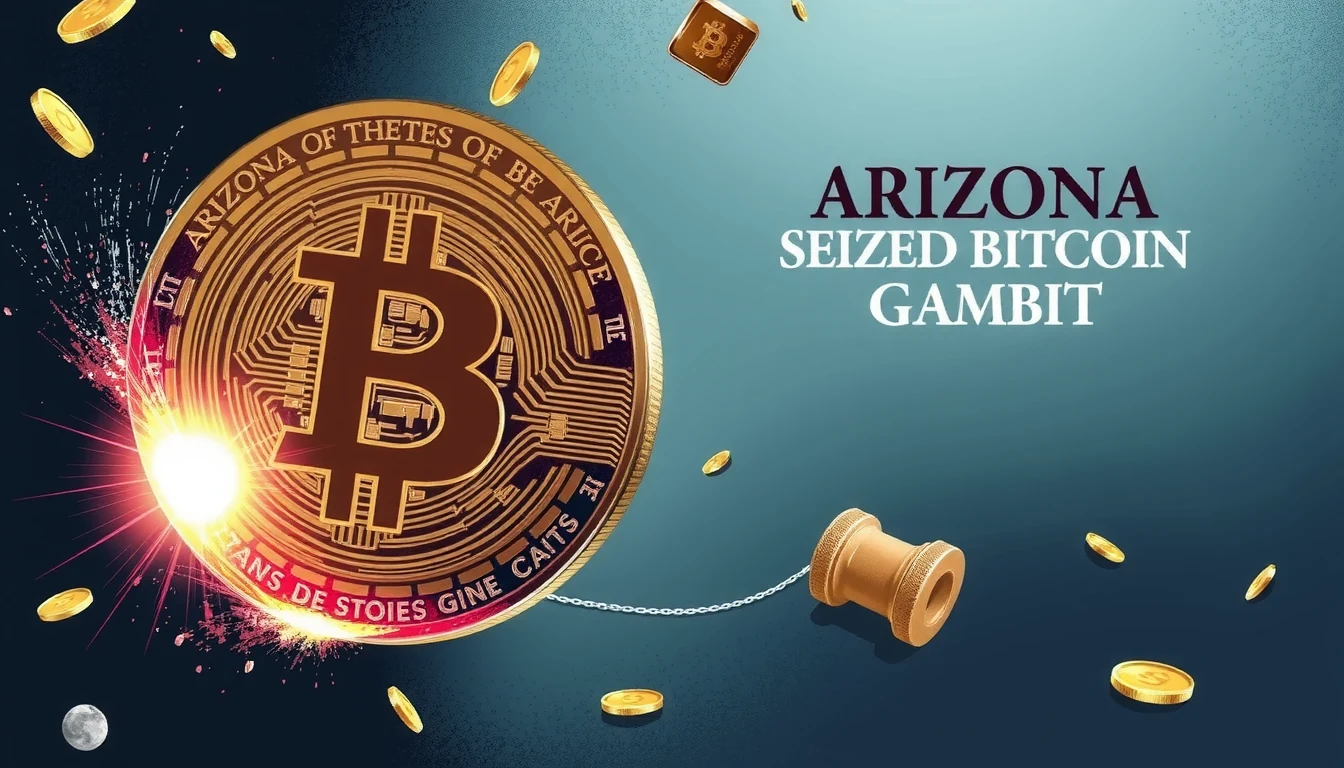 Arizona state capitol with Bitcoin symbols rising from seized asset vaults