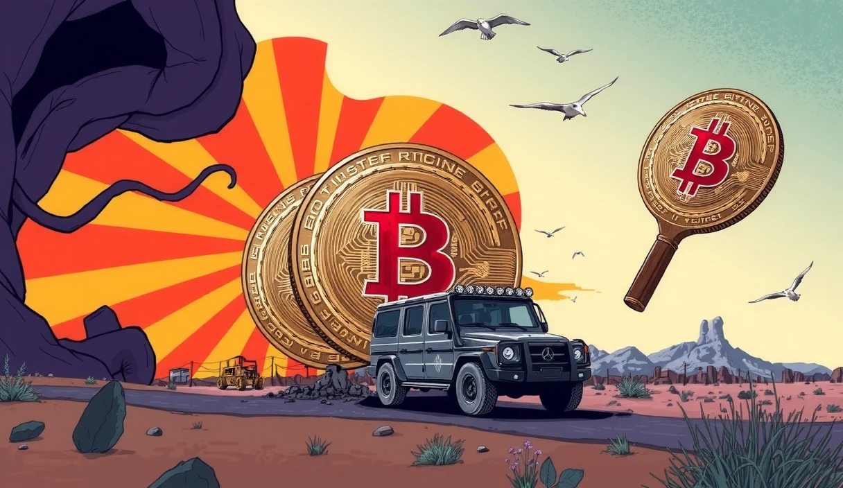 A futuristic editorial illustration showing the Arizona state capitol building with Bitcoin symbols rising from seized asset vaults, digital forfeiture notices transforming into golden reserve bars, set against a desert sunset with blockchain network lines connecting Phoenix to Washington D.C.
