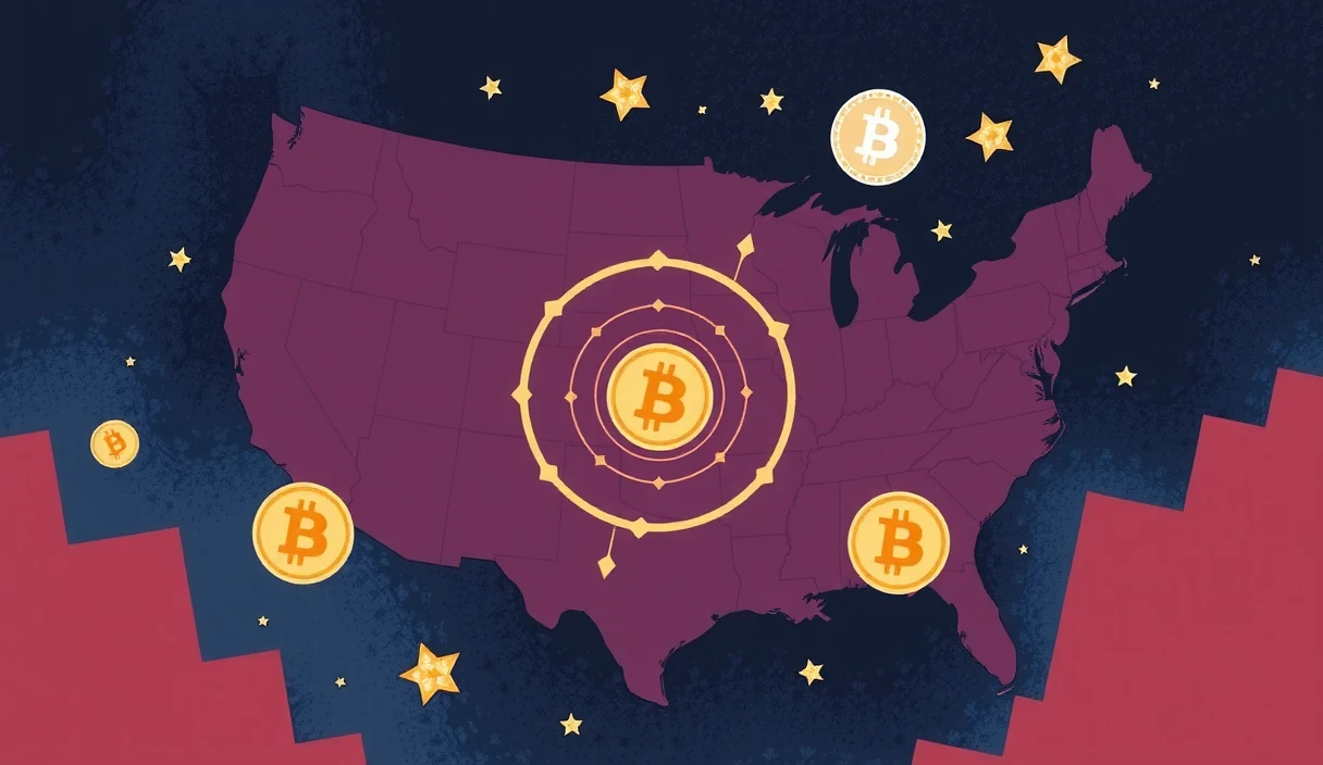 A dramatic editorial scene depicting the tension between institutional custody and self-sovereignty: on one side, a modern bank vault with corporate logos and surveillance cameras, on the other, a decentralized network of nodes spreading across the Arizona desert landscape, with a figure standing at the crossroads holding a hardware wallet, lightning storm in background symbolizing volatility and risk.