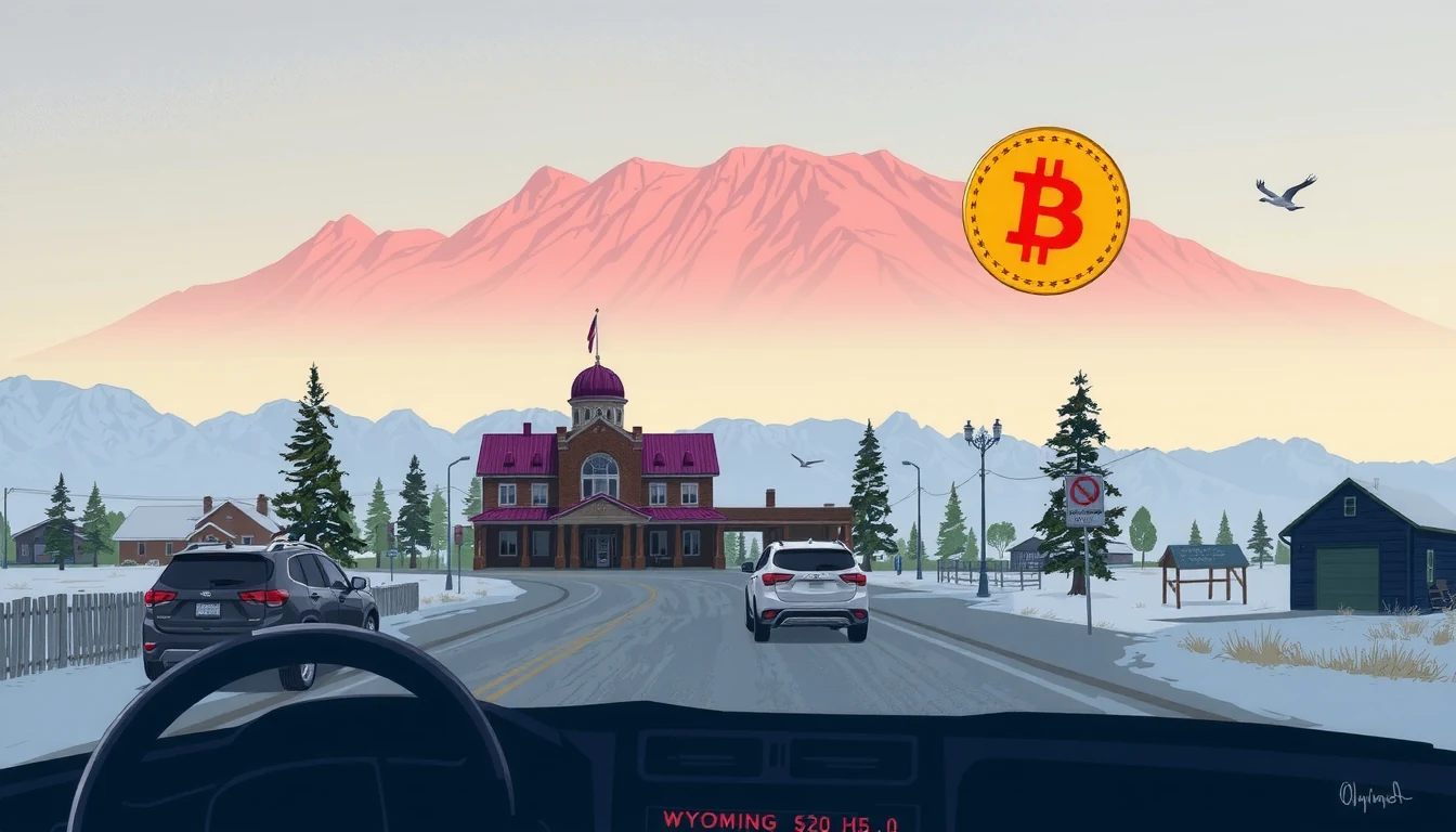 Wyoming state capitol with transparent dome revealing Bitcoin vault surrounded by digital prairie with blockchain nodes