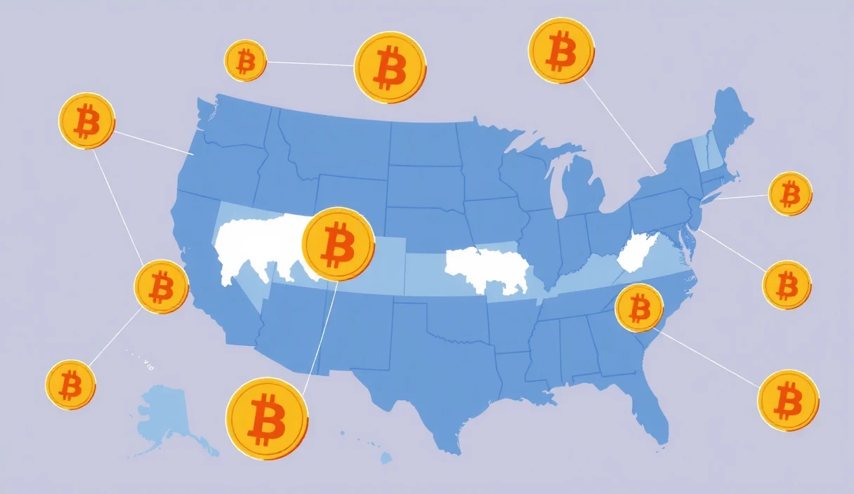 A futuristic editorial illustration of the Wyoming state capitol in Cheyenne, Wyoming, with a transparent glass dome revealing a vault filled with glowing Bitcoin symbols, surrounded by digital prairie landscapes where blockchain nodes sprout like wheat stalks, and streams of data flowing between the capitol and a network of other state capitols across a stylized American map, all rendered in a high-tech western aesthetic with golden hour lighting.