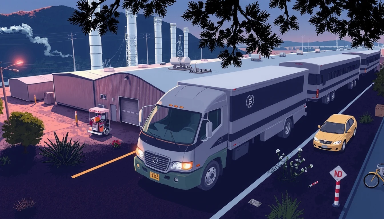 Futuristic aerial view of a large Bitcoin mining facility with cooling systems and EPA environmental monitoring