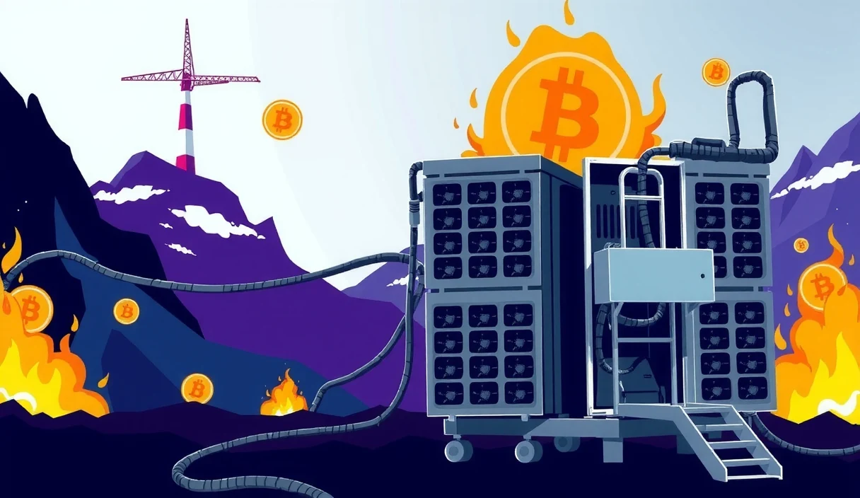 Futuristic scene of regulatory oversight with environmental data dashboards, Bitcoin mining rigs, and EPA monitoring systems in a high-tech command center