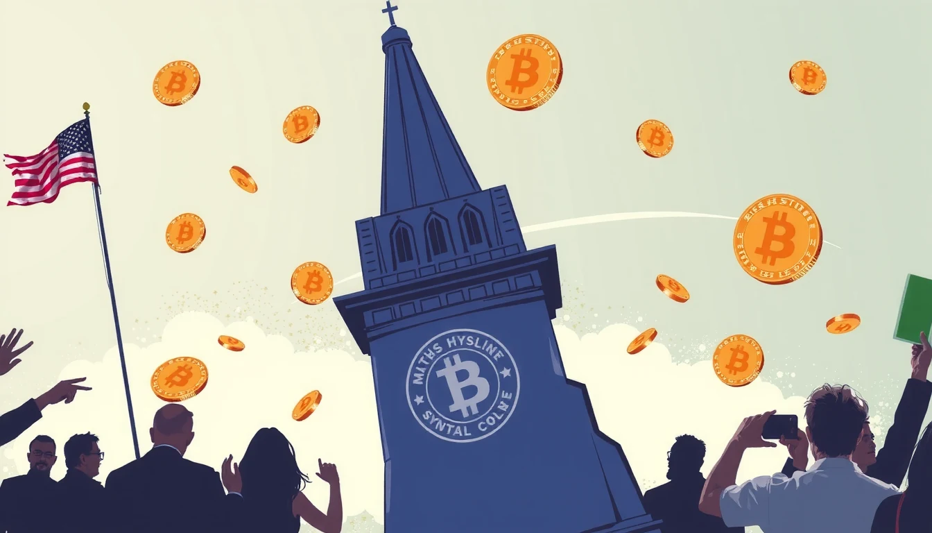 New Hampshire State House with digital Bitcoin reserve displays showing financial data and cryptocurrency visualizations