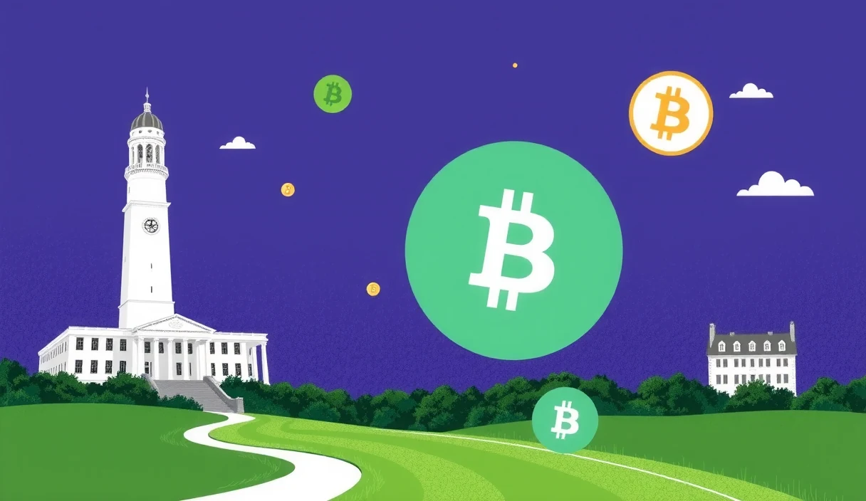 New Hampshire State House with digital screens showing Bitcoin price data and financial charts