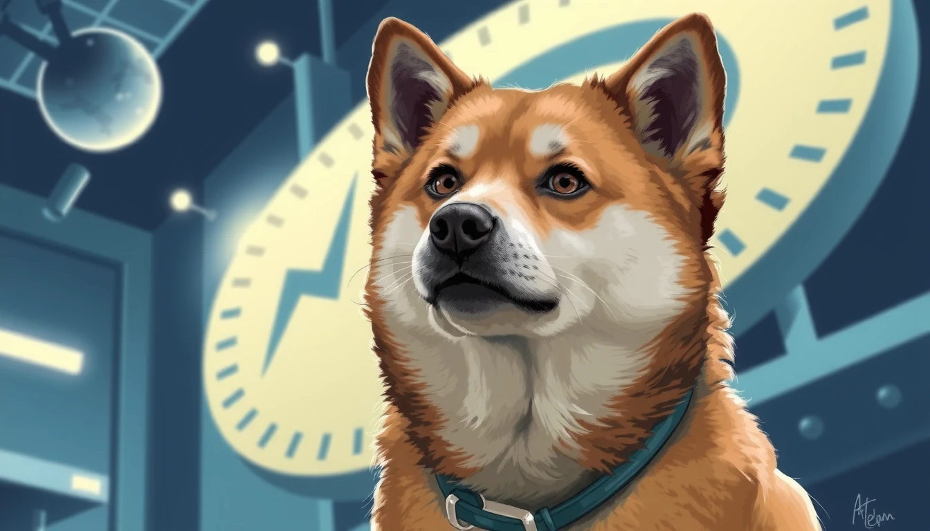 Editorial illustration showing a Shiba Inu dog silhouette overlaid with holographic futures trading charts and CFTC regulatory symbols