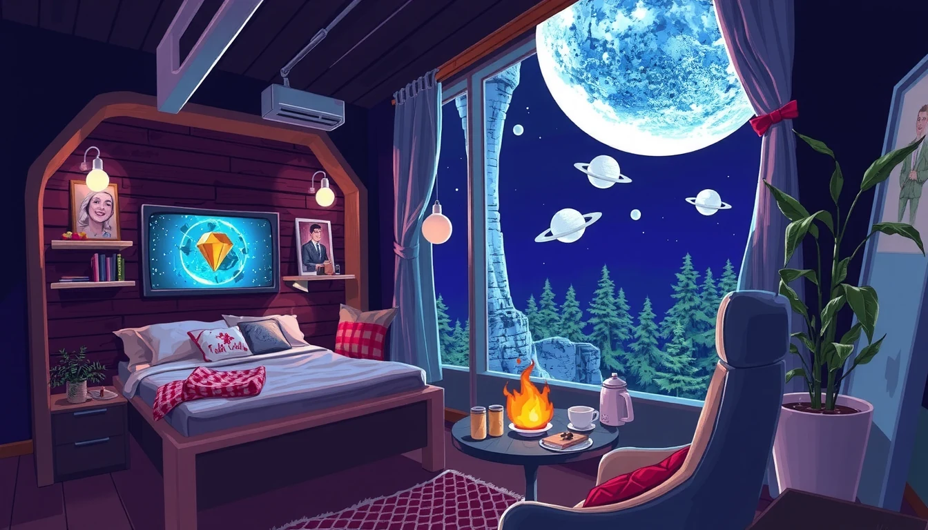 Editorial illustration of a futuristic digital cabin NFT glowing with nested collectible items inside a cozy gamified universe