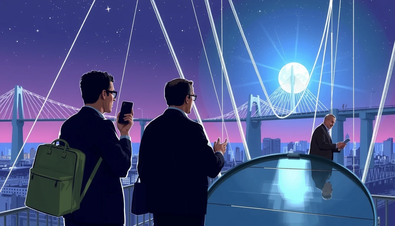 Futuristic tech editorial illustration showing interconnected blockchain networks with cryptographic verification beams