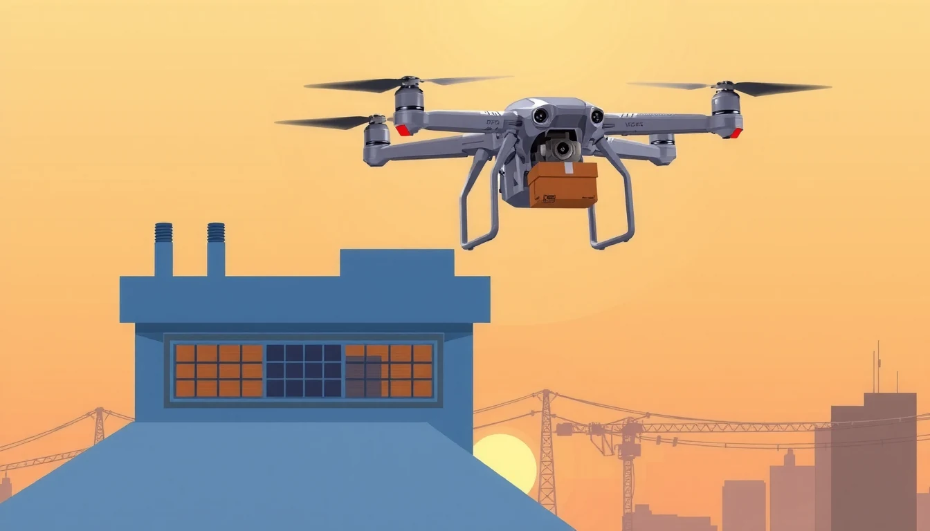 Futuristic tech editorial illustration of a drone waking up with digital identity credentials on a rooftop at dawn