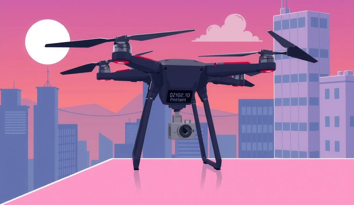 Futuristic tech editorial illustration of a drone waking up with digital identity credentials on a rooftop at dawn