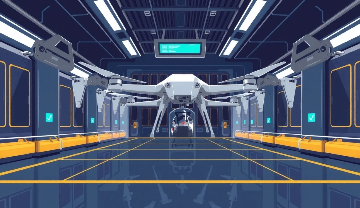 Futuristic tech editorial illustration of a drone tokenized into fractional ownership shares with revenue flowing to multiple investors