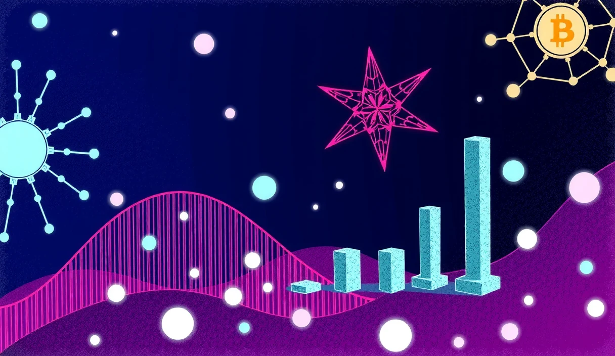 Futuristic tech editorial showing Polkadot's heterogeneous sharding architecture with parachains connected to the Relay Chain
