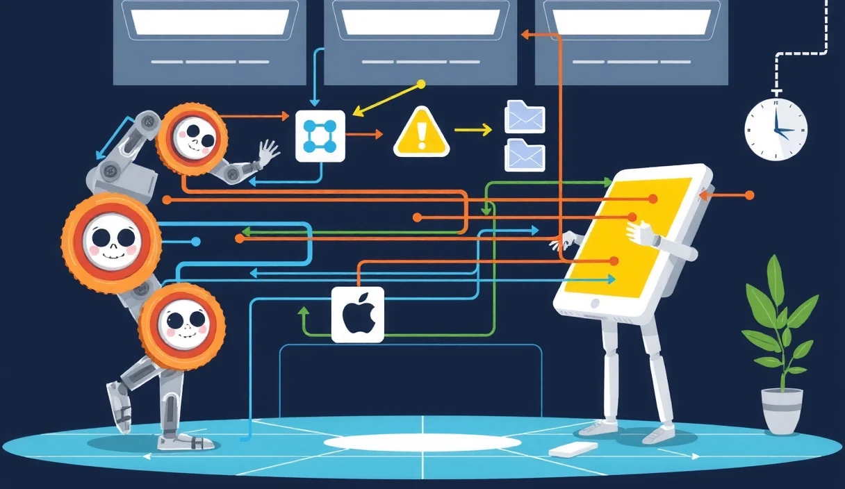 Futuristic tech editorial showing a robot deploying compute jobs to a network of smartphones via peaqOS and Acurast