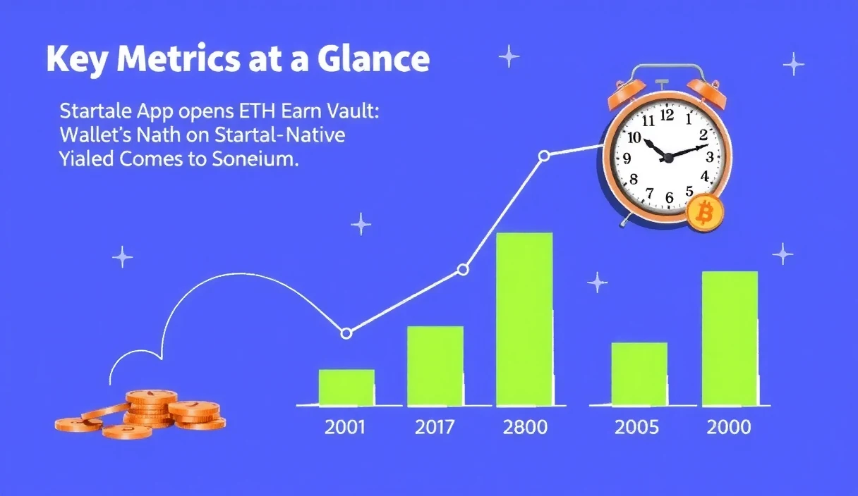 Futuristic mobile app interface showing the Startale App Earn dashboard with ETH vault, auto-compounding yield visualization, and portfolio balance overview
