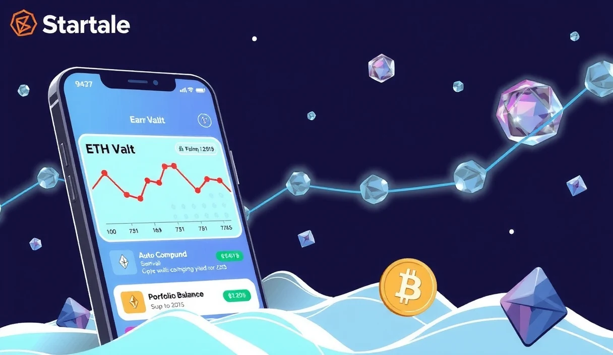Abstract visualization of Ethereum and Soneium ecosystems connected by a bridge, with ETH flowing through Morpho lending markets and generating yield for Startale App users