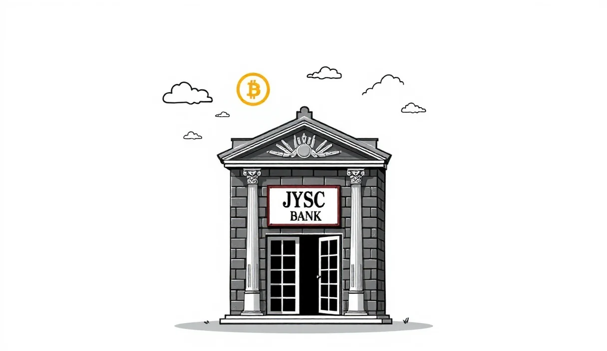 Futuristic editorial illustration of Japanese yen coins flowing into digital government bond certificates on a blockchain network, with SBI and Startale logos subtly integrated