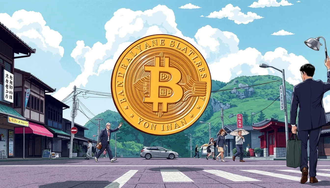 Digital corporate bond certificate merging with blockchain network nodes in Japan, representing stablecoin-powered corporate finance