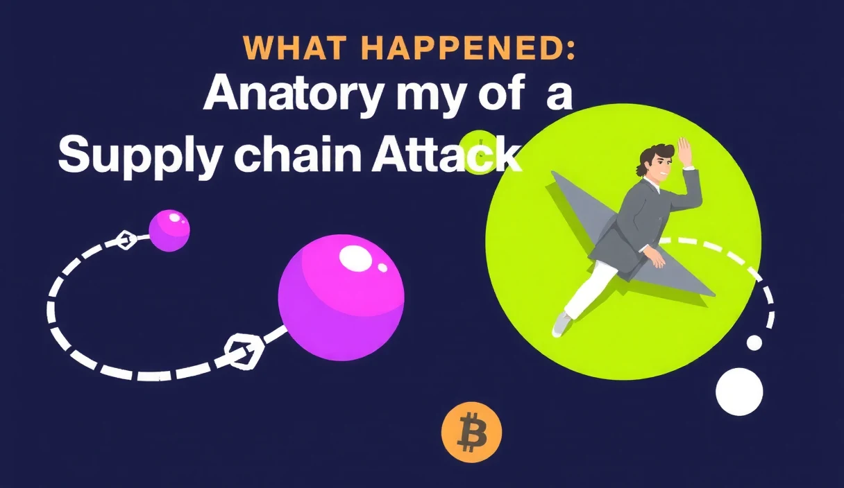 Isometric visualization of a software supply chain attack showing malicious code injected into a legitimate open-source repository, flowing through CI/CD pipelines, browser extension stores, and finally into end-user wallets with exfiltration arrows pointing to an attacker-controlled server