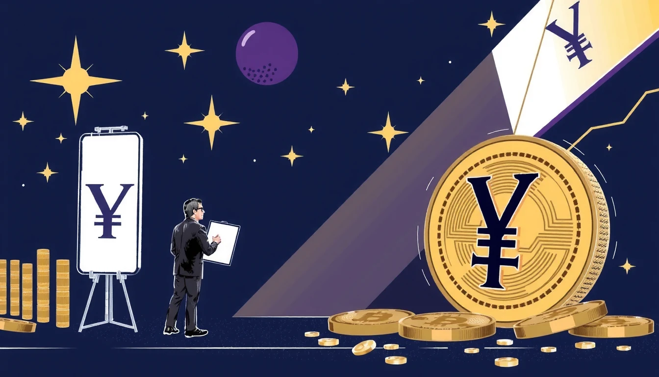 Futuristic Tokyo financial district with digital yen stablecoin symbols and tokenized securities flowing between institutional trading interfaces