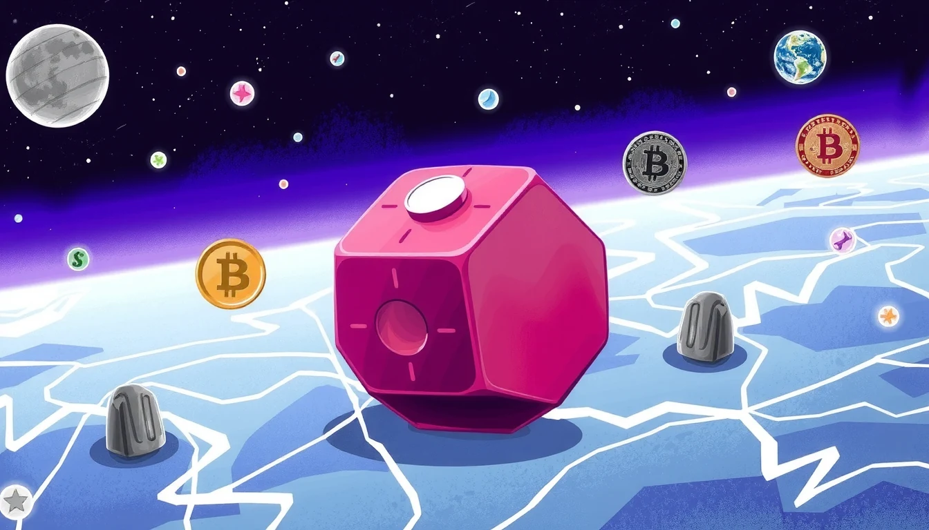 Futuristic editorial illustration of Polkadot relay chain as a slim coordination backbone with parachain lanes