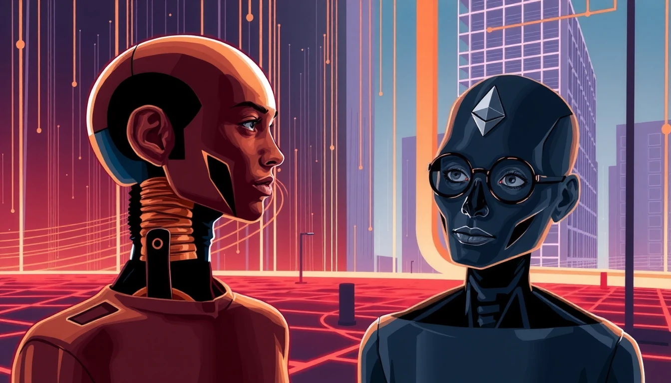 Futuristic editorial illustration of an AI agent anchored to an Ethereum address with cryptographic identity assertions