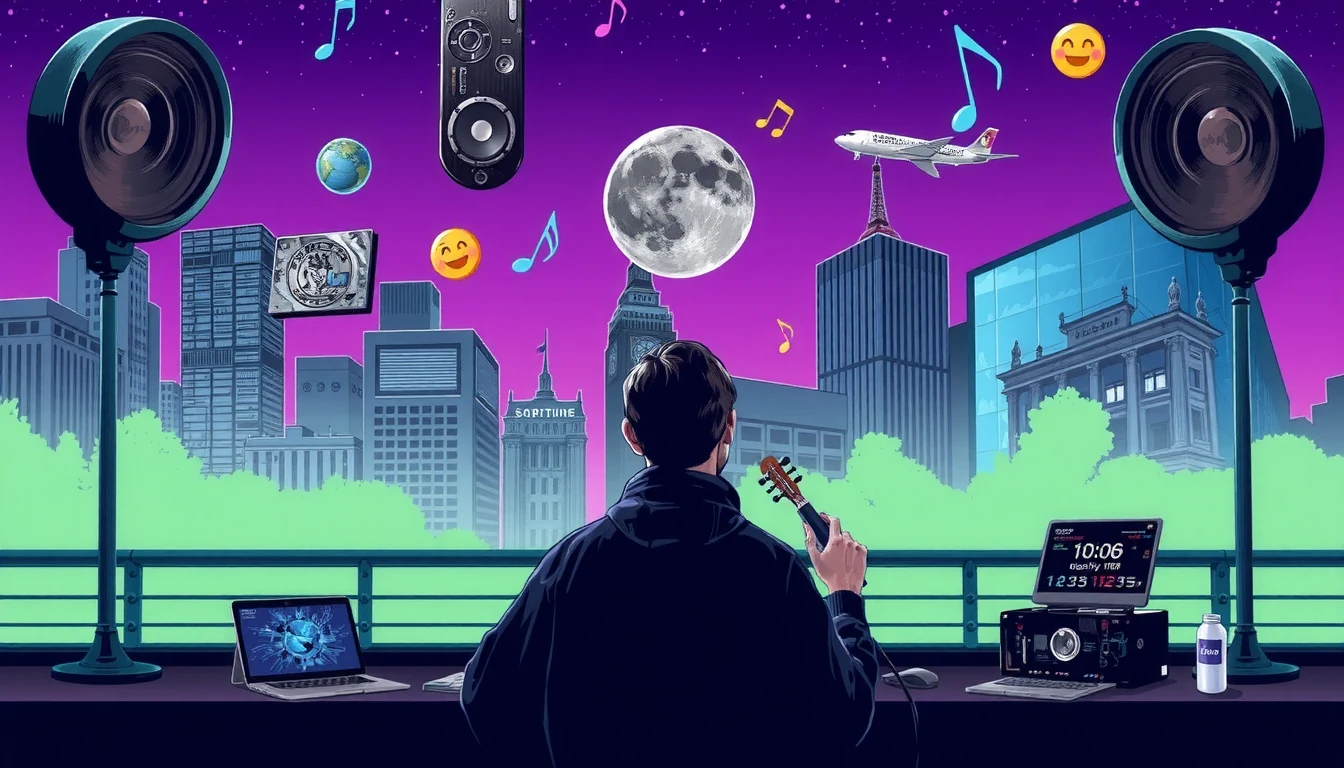 Futuristic editorial illustration of blockchain-based intellectual property registry for music and creative assets