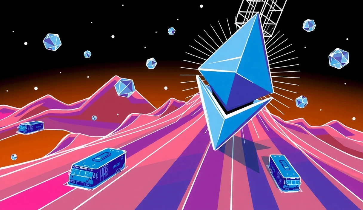 Futuristic visualization of Ethereum Layer 2 networks with quantum security shields protecting cross-chain bridges