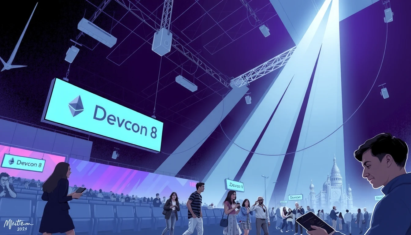 Futuristic visualization of a massive Devcon conference hall with holographic Ethereum branding, tiered access levels, and global attendance flows to Mumbai