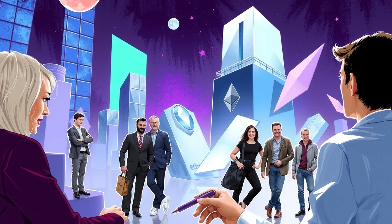 Futuristic visualization of Ethereum Foundation fellowship program with researchers, funding flows, academic papers, and startup exits in a holographic talent pipeline