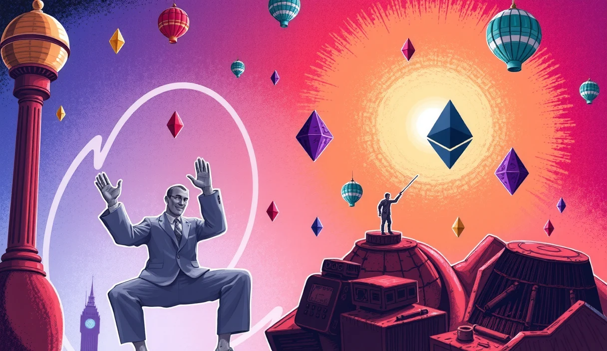 Futuristic visualization of blockchain protocol comparison with Ethereum transaction assertions competing against intent-based solvers and account abstraction in a holographic technology arena