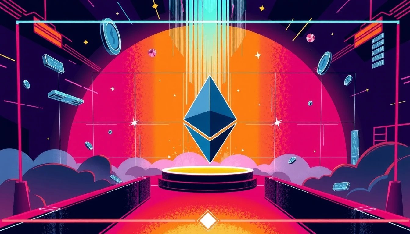Futuristic editorial illustration of Lido stVaults VaultHub architecture with vault NFTs, validator delegation flows, DeFi lending integrations, and reward distribution pathways as glowing interconnected nodes