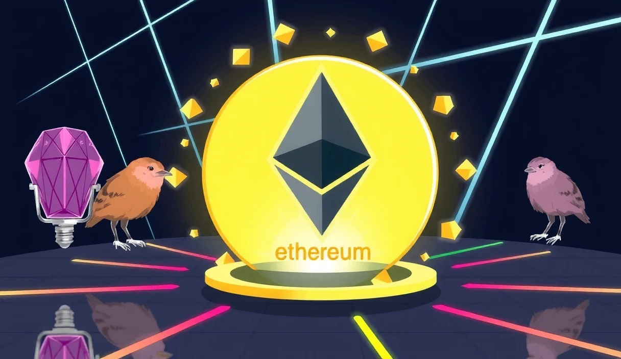 Futuristic visualization of Ethereum client diversity showing Geth, Nethermind, Besu, Prysm, Lighthouse, Teku, and other clients as glowing nodes with market share percentages, vulnerability hotspots, and the systemic risk cascade when a majority client is attacked