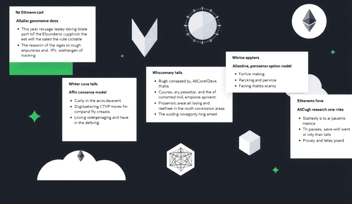 Futuristic editorial illustration of Ethereum governance documentation as a transparent glass structure with people inside and outside, some holding keys, others reading from tablets
