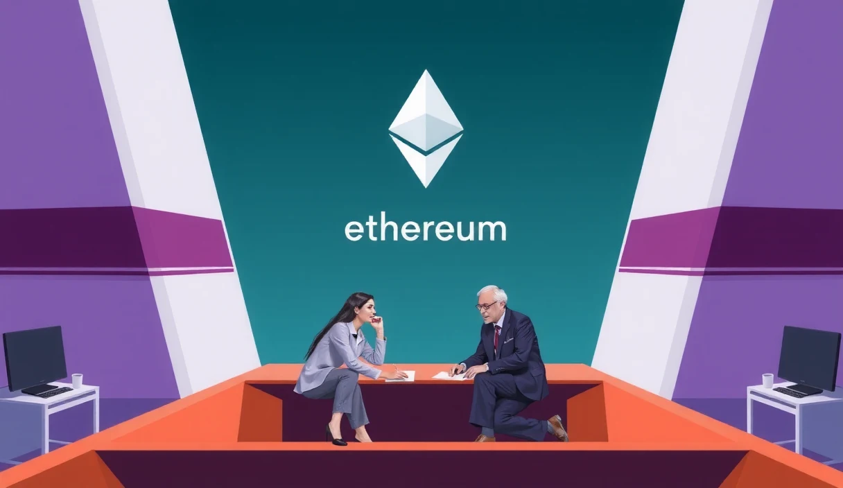Futuristic editorial illustration of a protocol upgrade process with multiple client teams, researchers, and validators all pulling in different directions on a large Ethereum network diagram